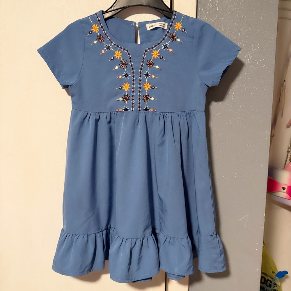 Blue Embroidered Short Sleeve Kids Dress